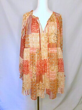Aakaa Boho Patchwork Babydoll Dress Medium Flowy Peasant Sleeve Cottagecore